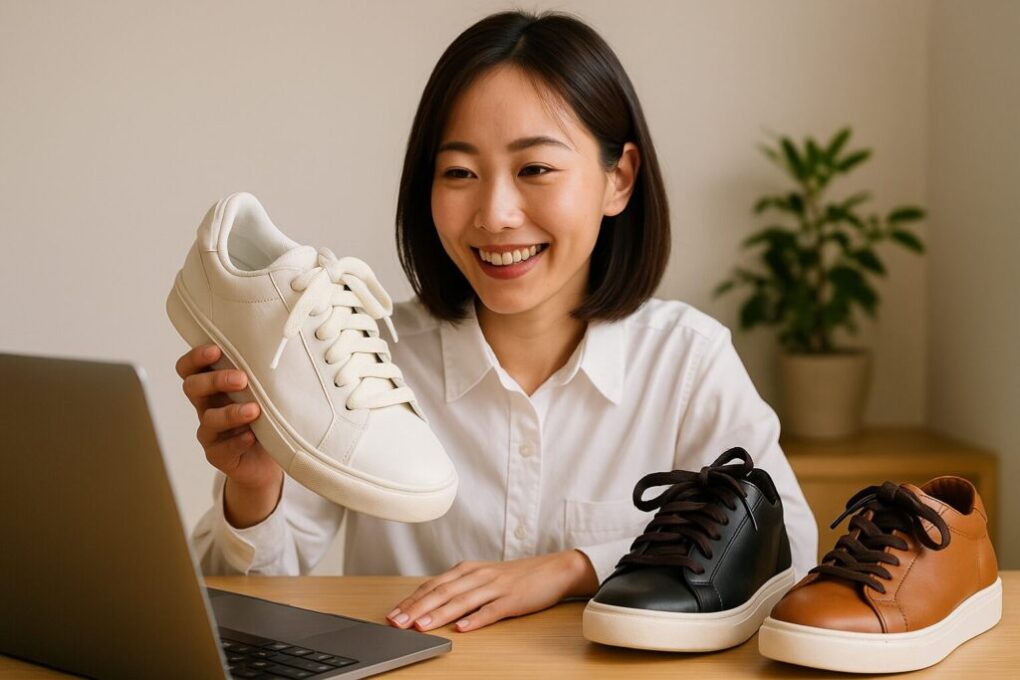 日本人女性が白いシャツを着てテーブルに座り、太い靴紐がついた白いスニーカーを手に持ちながら笑顔を見せている。テーブル上には黒と茶色の靴紐が太いスニーカーも並び、明るく清潔感のある雰囲気が漂っている。