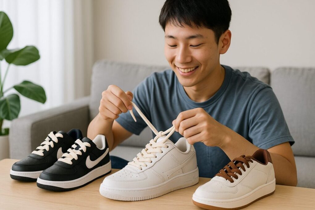 日本人男性がソファに座り、白いスニーカーに太いクリーム色の靴紐を丁寧に結んでいる。テーブル上には黒と茶色の太い靴紐を使ったスニーカーも並び、明るく自然な雰囲気が漂っている。