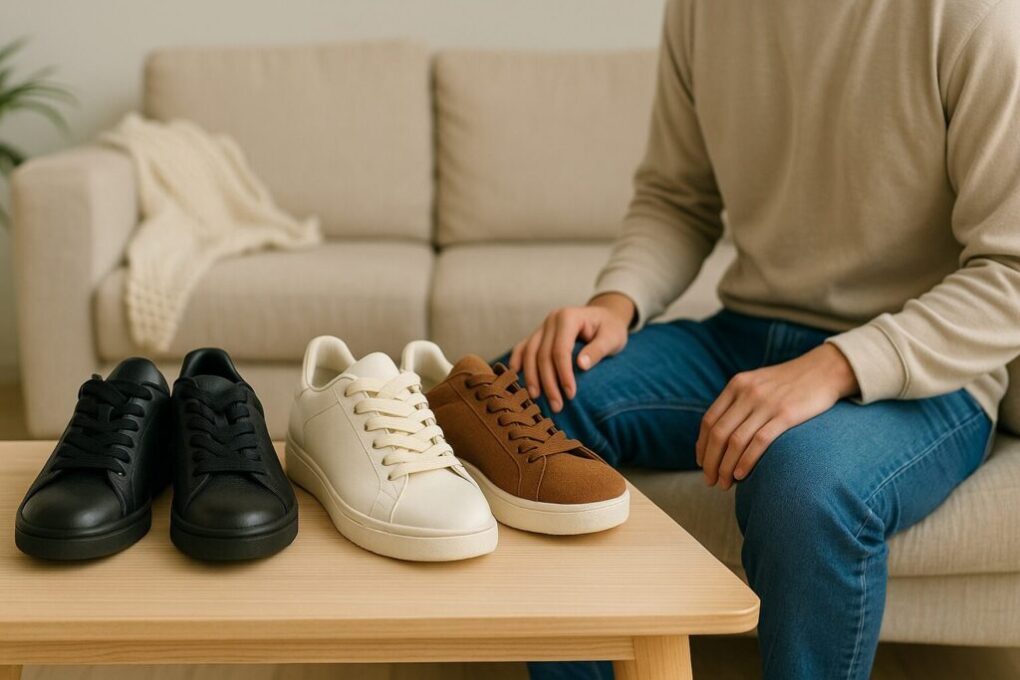 日本人男性がリビングのソファに座り、目の前のテーブルに並んだ黒、白、茶色の太い靴紐を使ったスニーカー3足を見ている。清潔感のある明るい空間で、各ブランドの比較や活用をイメージさせる雰囲気。