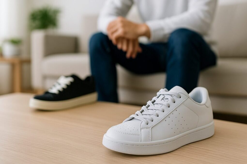 木製テーブルの上に白い細い靴紐を通した白スニーカーが置かれ、背景には黒スニーカーとソファに座る日本人男性が写っている。清潔感のある明るい雰囲気で、靴紐が細いスニーカーとの相性を示している。