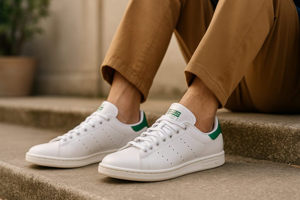 スタンスミスの白いスニーカーを一番上まで通さずに履いた日本人の足元。明るい街の歩道で、清潔感のある上品な印象を与える。