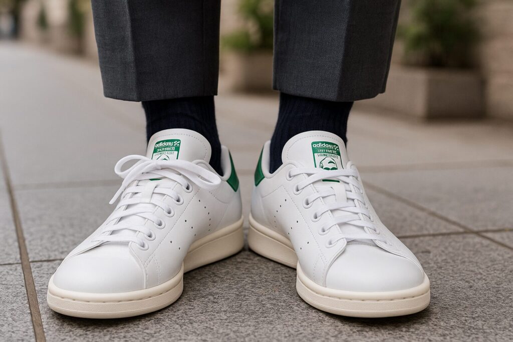 スタンスミスのスニーカーを、一番上まで靴紐を通した足元と、通さない足元を並べて比較した日本人の下半身。明るい屋外で清潔感のある印象。