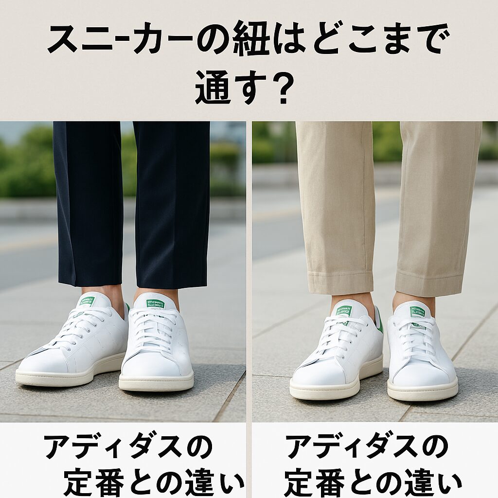 アディダスのスニーカーで、靴紐をすべて通したものと途中まで通したものを比較した日本人の足元。屋外で自然光が当たり、清潔感のある雰囲気。