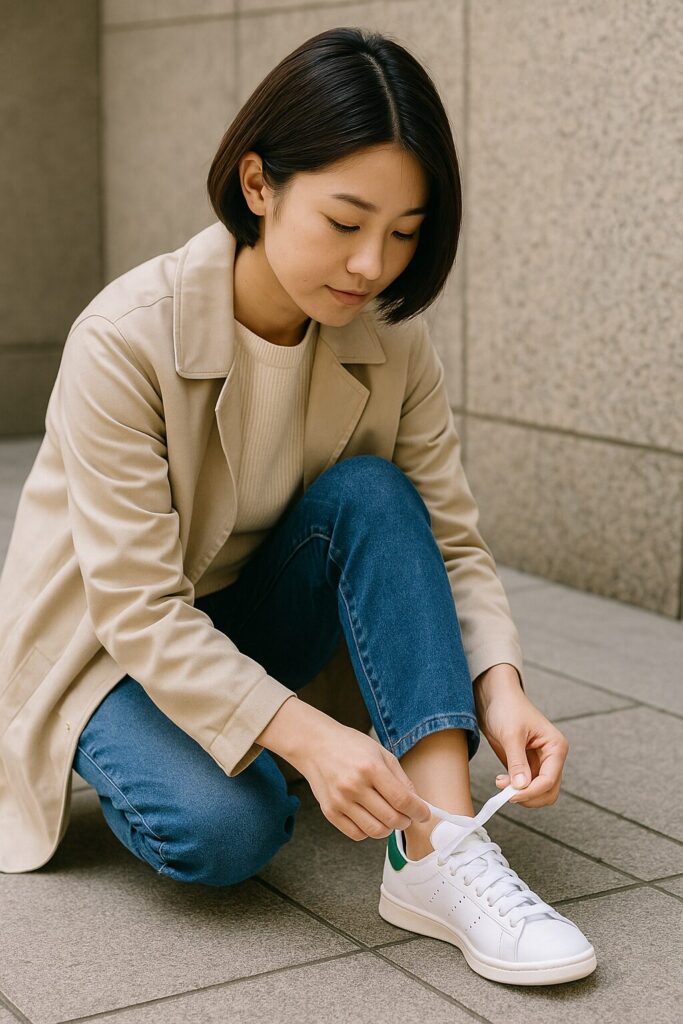 スタンスミスの靴紐を一番上まで通さずに整える日本人女性の足元。屋外の自然光で、落ち着いた明るい雰囲気。