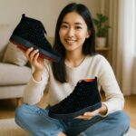 明るい部屋で、日本人女性が黒のルブタンハイカットスニーカーを両手に持ち、赤いソールを見せながら微笑んでいる。背景にはソファと観葉植物があり、清潔感のあるナチュラルな雰囲気。