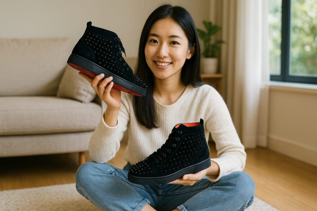 明るい部屋で、日本人女性が黒のルブタンハイカットスニーカーを両手に持ち、赤いソールを見せながら微笑んでいる。背景にはソファと観葉植物があり、清潔感のあるナチュラルな雰囲気。