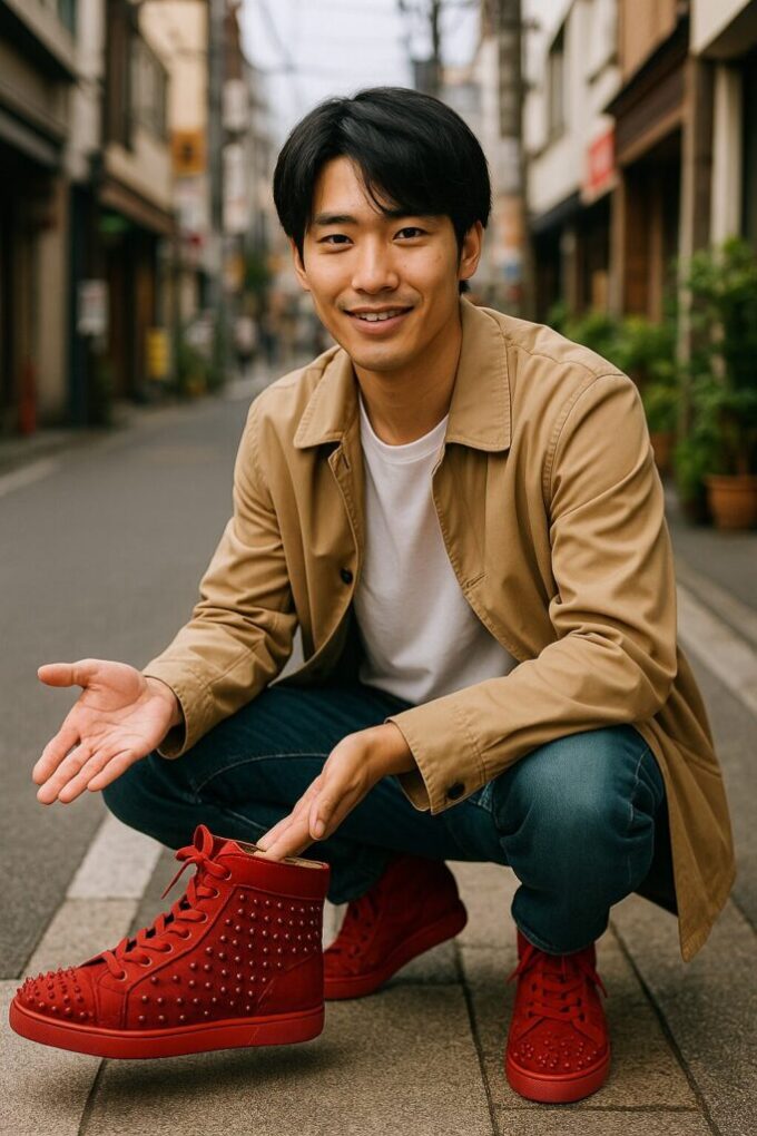 街中でベージュのトレンチコートを着た男性がしゃがみ、赤いルブタンのハイカットスニーカーを見せている。背景は日本の街並みで、自然光の中に高級感と清潔感がある雰囲気。