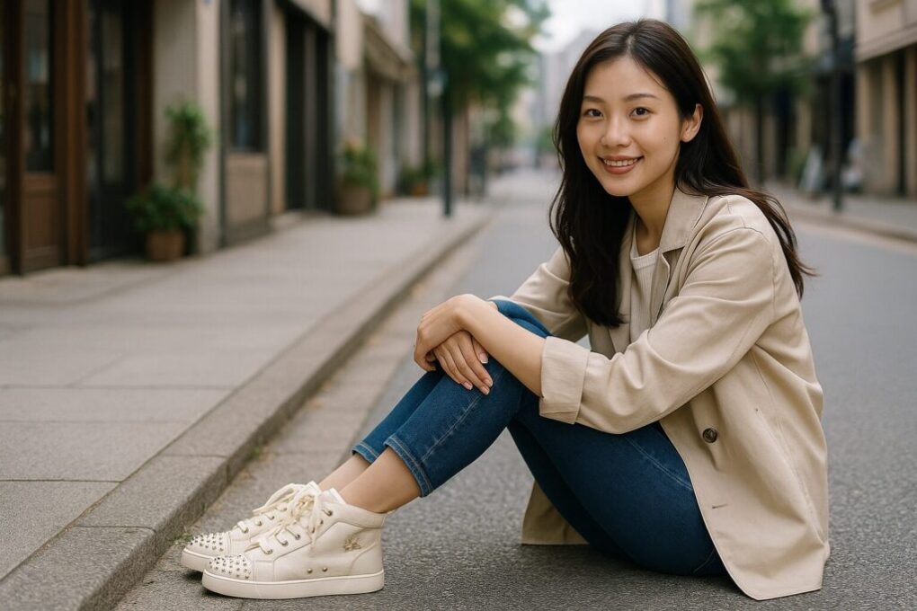 街の歩道でベージュのジャケットとデニムを着た女性が座り、白のルブタンハイカットスニーカーを履いて微笑んでいる。自然光が差し込む清潔感のある都会的な雰囲気。