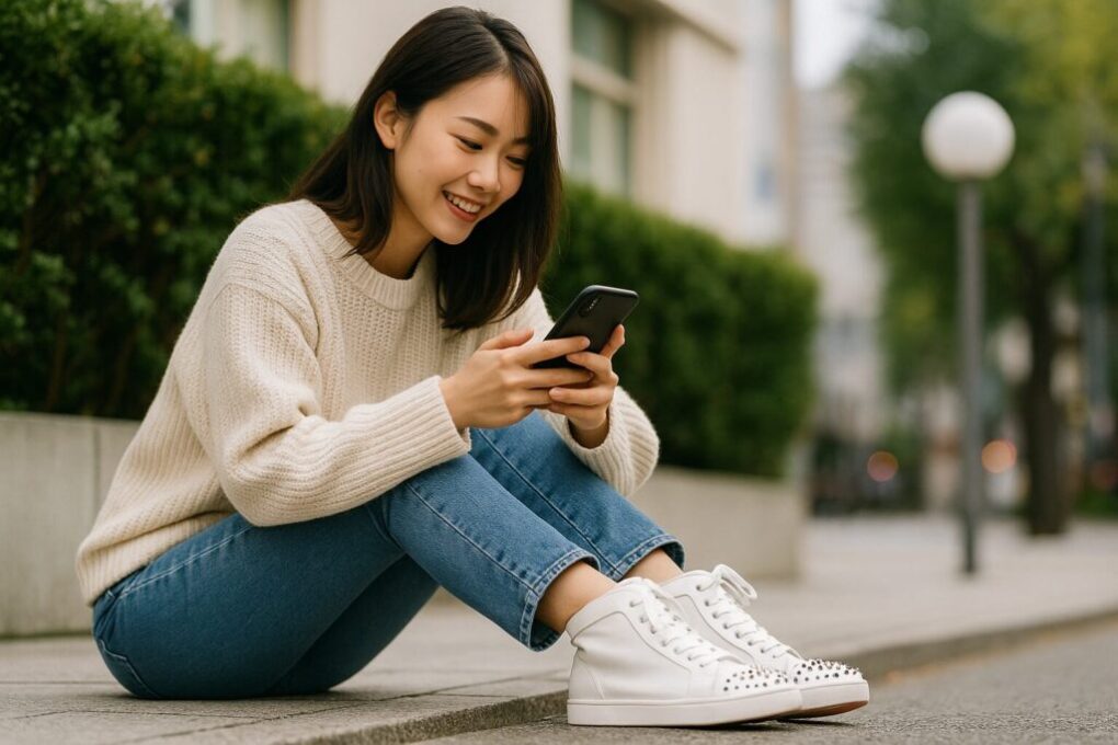 街中の歩道に座る女性が、白いルブタンのハイカットスニーカーを履きながらスマートフォンを手にして微笑んでいる。明るく自然な雰囲気の都会的なシーン。