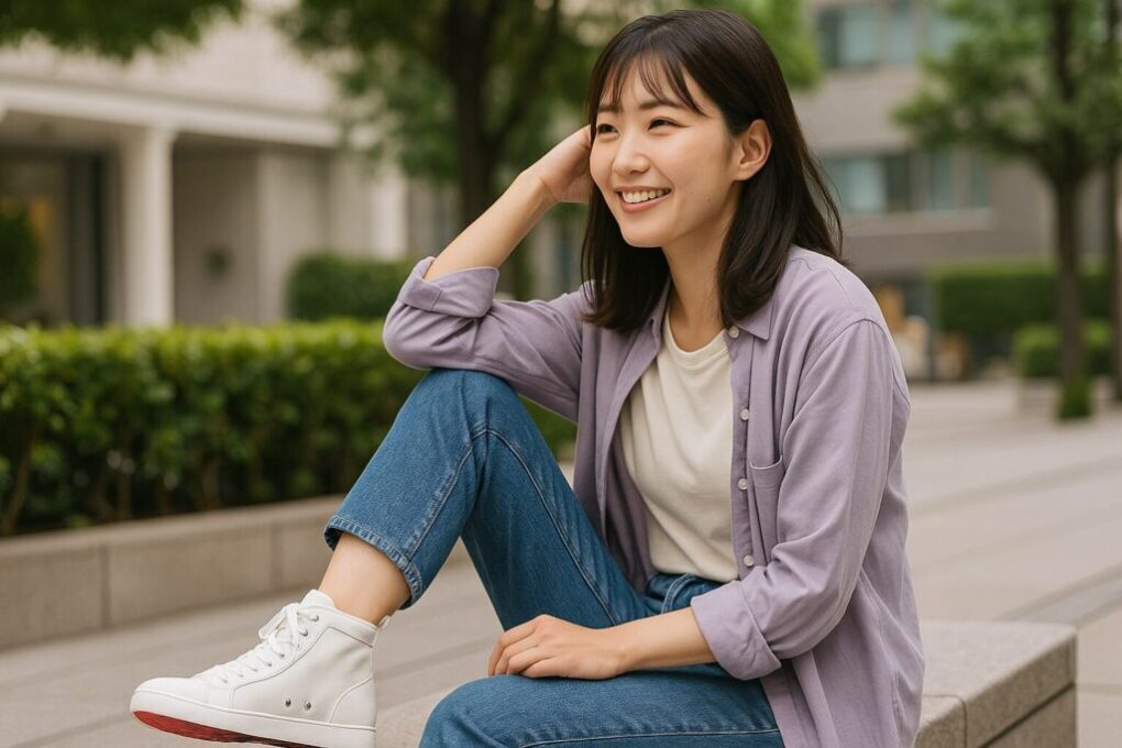 明るい街並みのベンチに座り、白いルブタンのハイカットスニーカーを履いた女性が笑顔でくつろいでいる。自然光が差し込む穏やかで清潔感のある雰囲気。