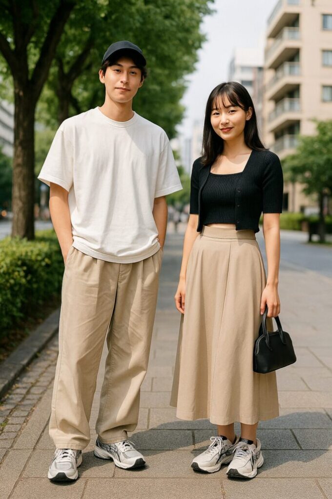 アシックスGEL-NYCスニーカーを履いた日本人男女が、明るい都心の歩道でナチュラルに並ぶ。男性は白Tシャツとベージュのワイドパンツ、女性は黒トップスとベージュスカートで甘辛ミックスコーデ。背景は緑の並木とビル街。