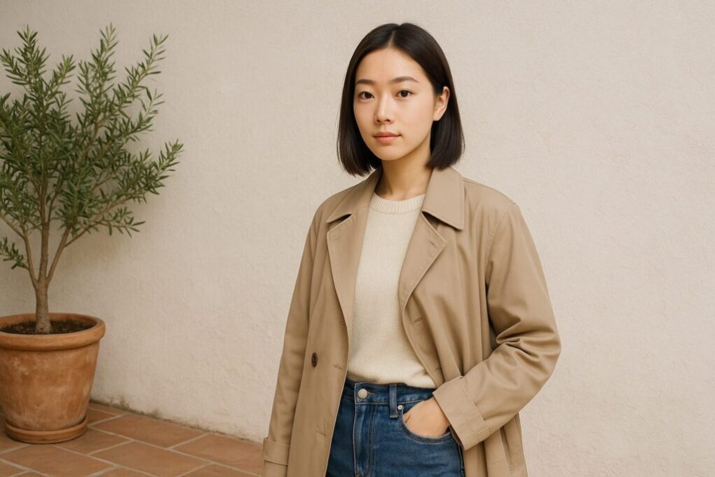 アシックスGEL-NYCスニーカーを履いた日本人女性が、ベージュのトレンチコートとデニムを合わせた旬のレディースコーデで立っている。背景は明るい外壁と鉢植えの木がある都会的な屋外空間で、清潔感のあるナチュラルな雰囲気。