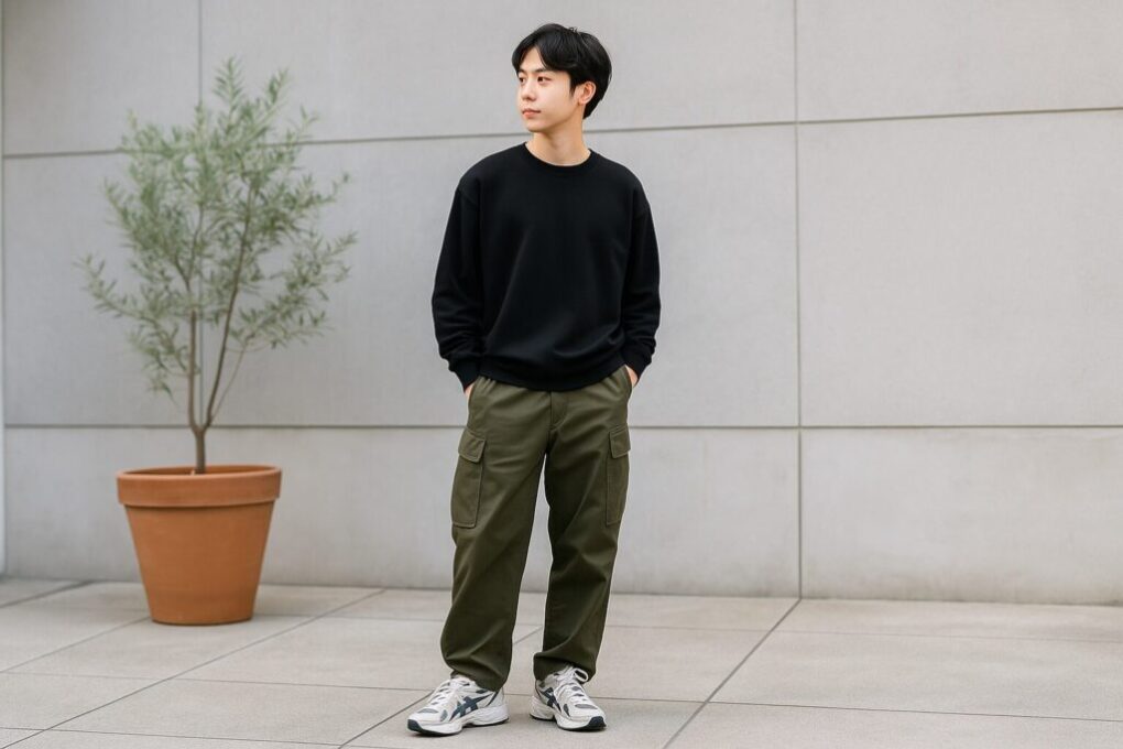 アシックスGEL-NYCスニーカーを履いた日本人男性が、黒のスウェットとカーキのカーゴパンツを合わせたシンプルなコーデで屋外に立っている。背景はコンクリートの壁と鉢植えの木があり、清潔感と落ち着きのある雰囲気。