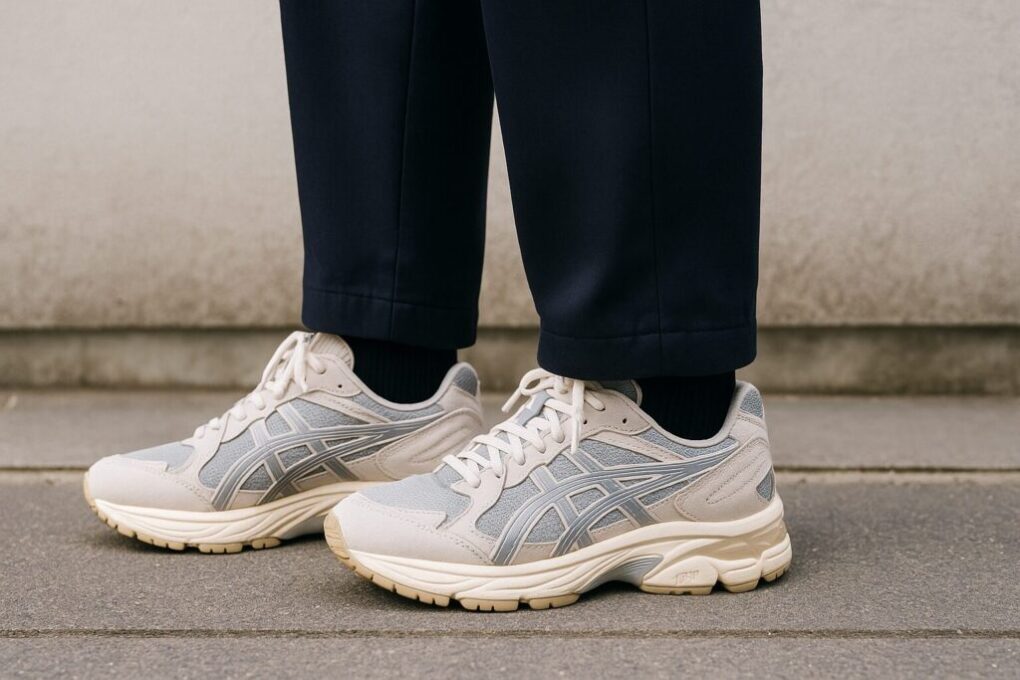 アシックスGEL-NYCスニーカーを履いた日本人が、屋外で立っている足元を横から撮影した写真。ソールの厚みと脚長効果がわかる構図で、清潔感のある明るい自然光が当たっている。