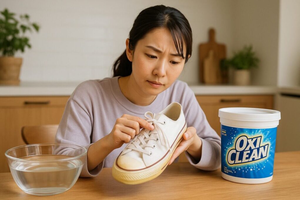 明るいキッチンで、白いスニーカーの黄ばみを確認しながらオキシクリーンを使って洗浄準備をしている日本人女性の手元の様子。清潔感のある雰囲気で、ガラスボウルに水が入っている。
