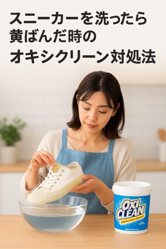 明るいキッチンで、日本人女性が白いスニーカーの黄ばみを確認しながらオキシクリーンを使って洗浄している様子。清潔感のある背景と自然光が差し込む室内で、透明なボウルに水が入っている。