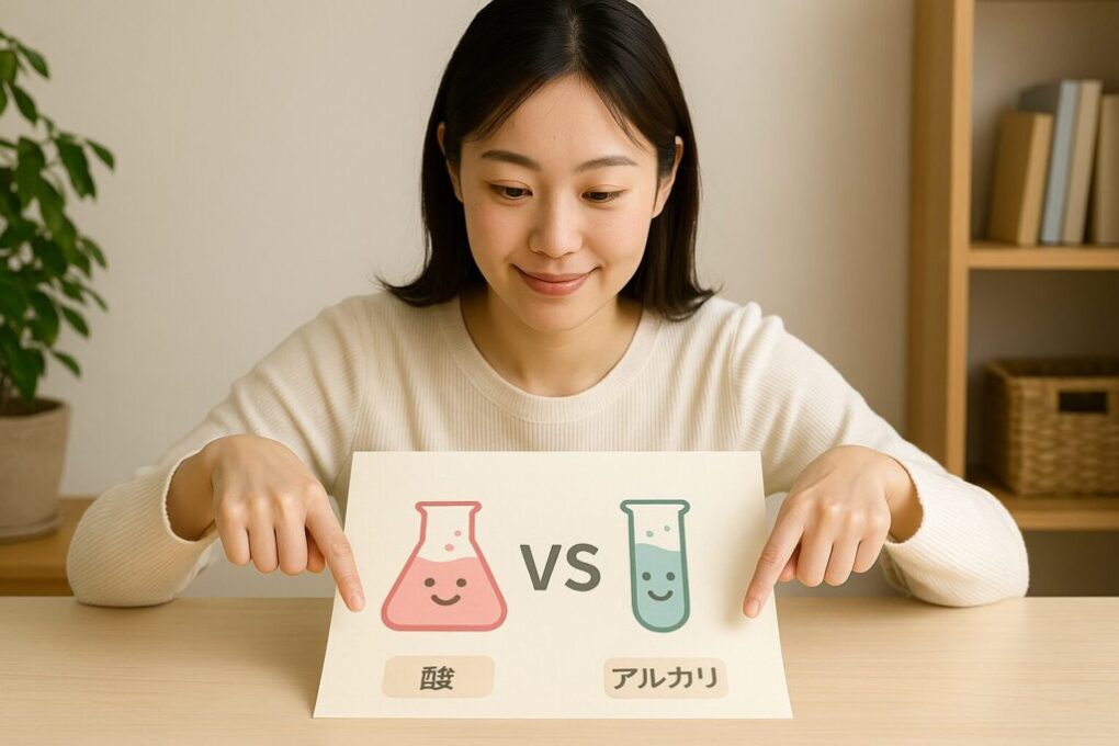 明るい室内で、日本人女性が酸とアルカリの違いを示すイラストを見ながら学んでいる様子。自然光の中で清潔感があり、やわらかな雰囲気の学習シーン。