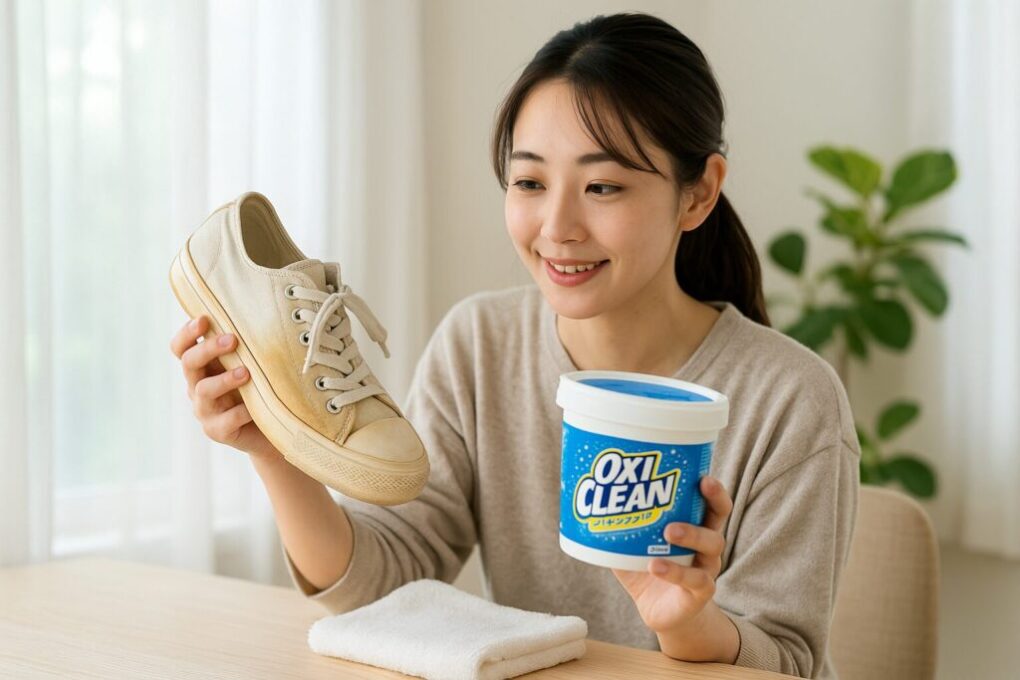 明るい室内で、日本人女性が白いスニーカーの黄ばみを確認しながらオキシクリーンを手に持ち、ケア方法を考えている様子。清潔感のある雰囲気で自然光が差し込む空間。