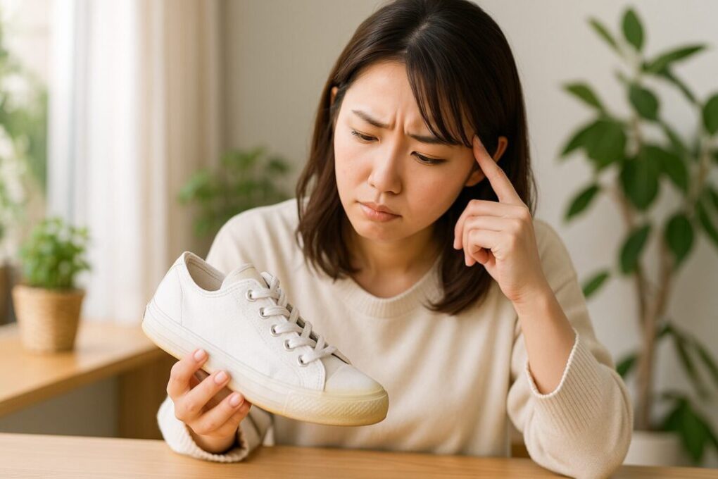 明るい部屋で、日本人女性が白いスニーカーの黄ばみを確認しながら、どのように汚れを落とすか考えている様子。自然光が差し込み、清潔感のある空間。