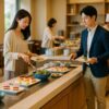 ホテルの明るいビュッフェで、スマートカジュアルの日本人男女が清潔な白スニーカーを履き、料理を取り分ける様子を横長16:9で写した写真風画像