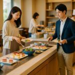 ホテルの明るいビュッフェで、スマートカジュアルの日本人男女が清潔な白スニーカーを履き、料理を取り分ける様子を横長16:9で写した写真風画像