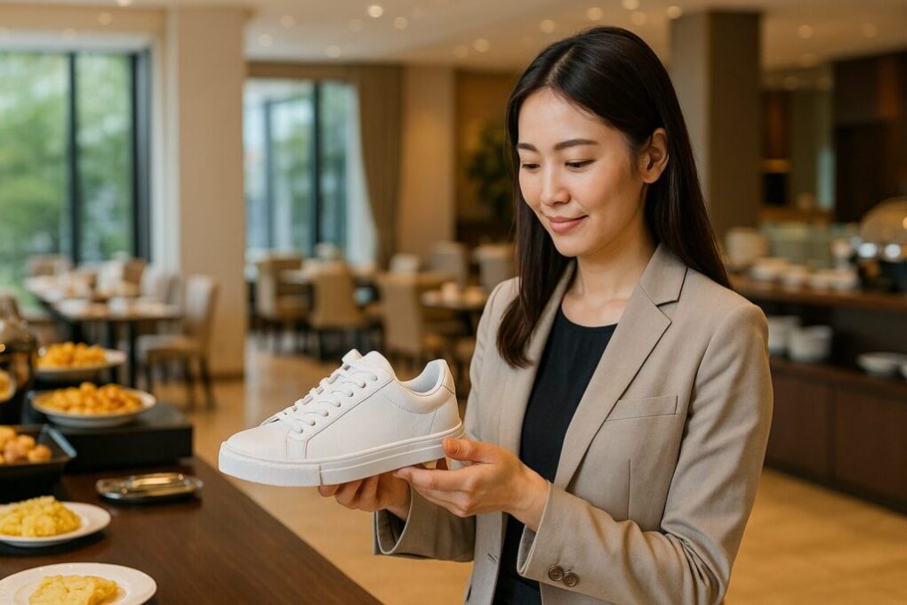 ホテルの明るいビュッフェ会場で、日本人女性が白いスニーカーを手に取り、上品な笑みを浮かべて眺めている。背景には自然光が差し込むテーブル席と料理台が並び、清潔感と落ち着きのある雰囲気が広がっている。