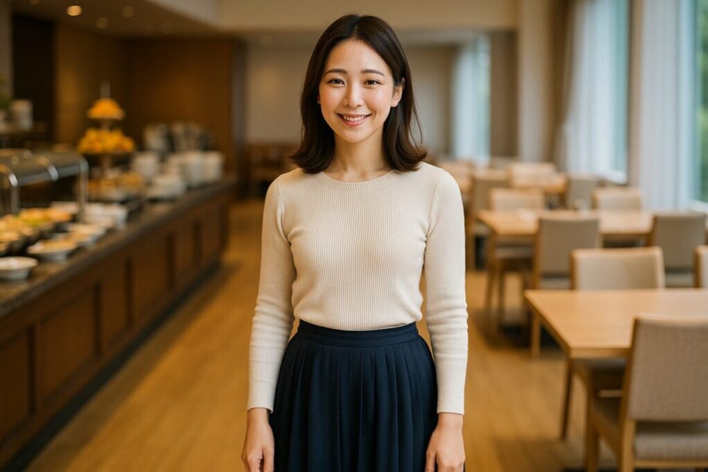 明るいホテルビュッフェの店内で、日本人女性が淡い色のニットとネイビーのプリーツスカートを着こなし、穏やかな笑顔を見せて立っている。自然光が差し込み、清潔感と上品さが漂う空間。