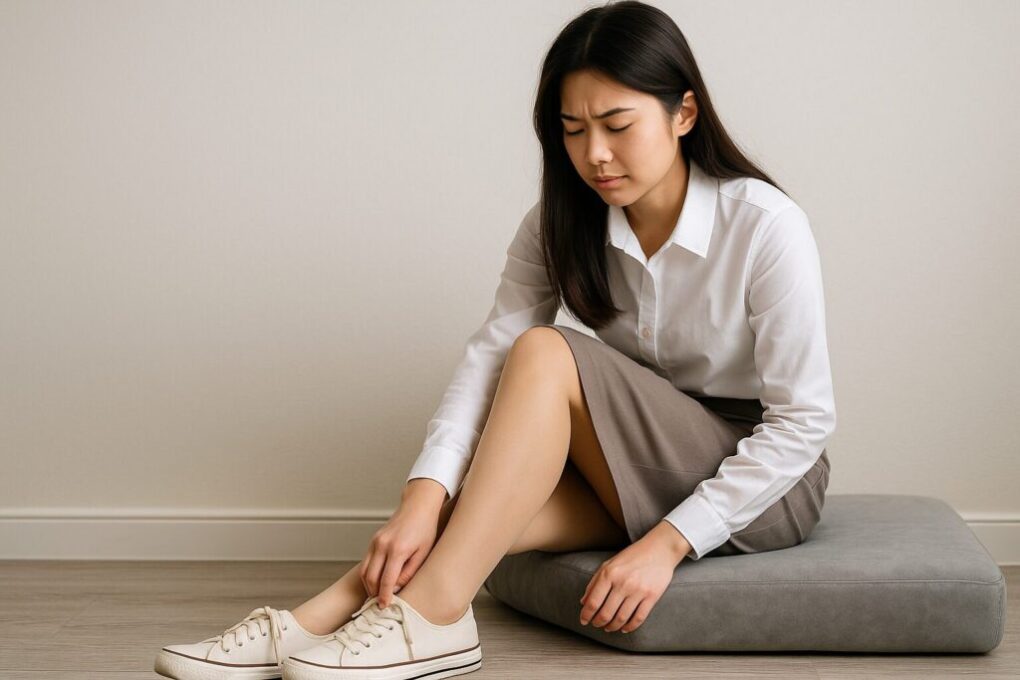 ストッキングとスニーカーの蒸れ対策を意識した日本人女性が、明るい室内で足元のスニーカーを気にしている様子の写真。清潔感のある自然光の中で撮影。