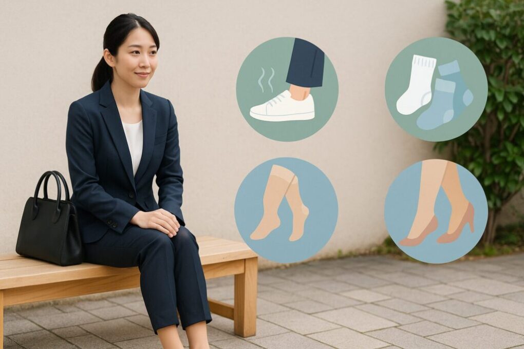 ストッキングとスニーカーの蒸れを防ぐ知識と習慣をテーマにした写真。日本人女性が玄関のベンチに座り、清潔感のある服装で出かける前に足元を整えている様子。