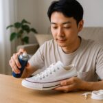 日本人男性が明るい室内で白いスニーカーに防水スプレーを丁寧に吹きかけている様子。自然光が差し込み、清潔感とリアルな生活感がある。