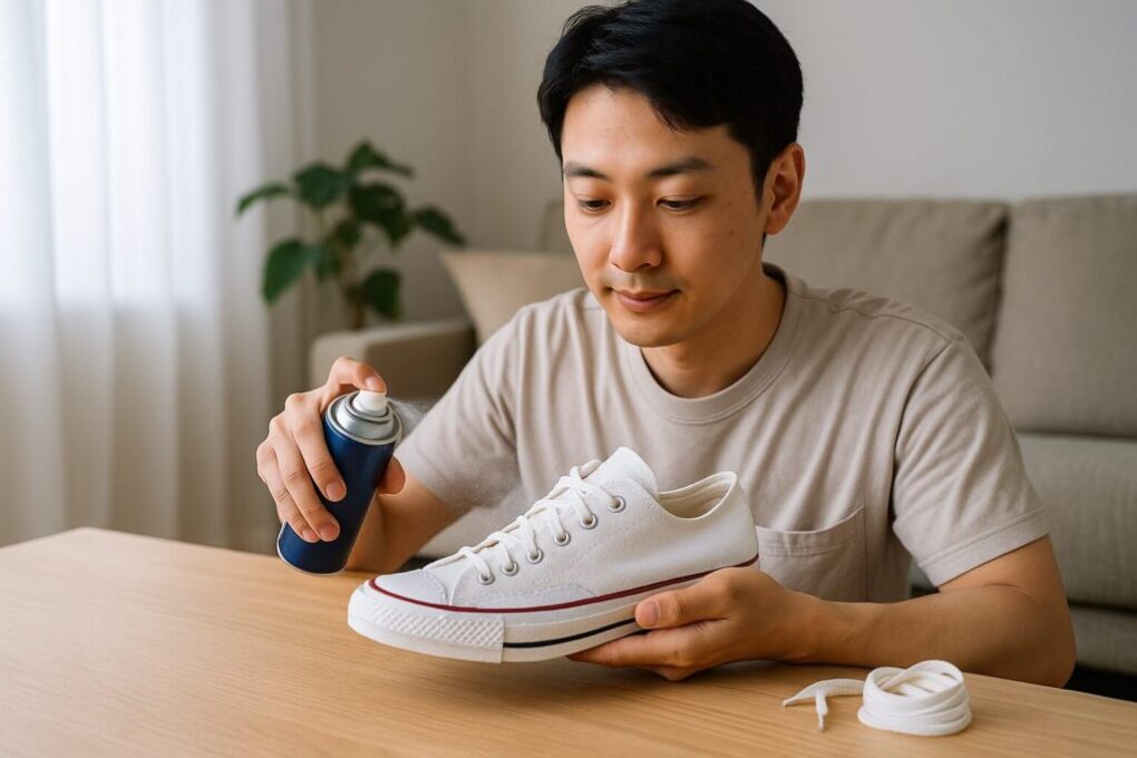 日本人男性が明るい室内で白いスニーカーに防水スプレーを丁寧に吹きかけている様子。自然光が差し込み、清潔感とリアルな生活感がある。