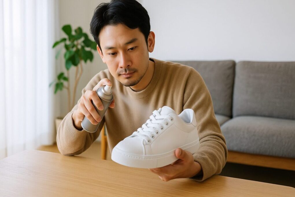 日本人男性が明るい部屋で白いスニーカーに防水スプレーを丁寧に吹きかけている様子。自然光が差し込み、清潔感とリアルな日常感のあるシーン。