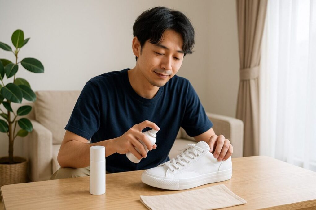 日本人男性が明るい室内で白いスニーカーを机の上に置き、乾かす準備をしている様子。自然光が差し込み、清潔感と落ち着いた日常感のあるシーン。