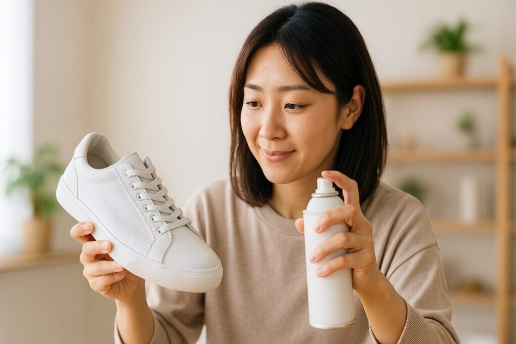 日本人女性が白いスニーカーを手に持ち、防水スプレーを吹きかける準備をしている様子。明るく清潔な室内で、自然光が差し込むナチュラルな雰囲気のシーン。
