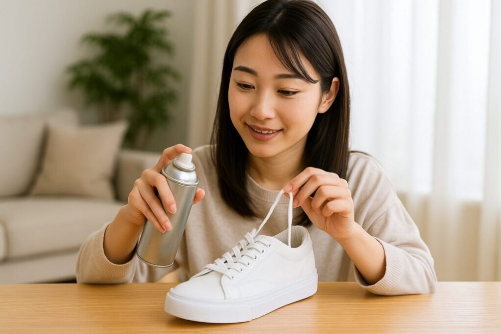 日本人女性が白いスニーカーの靴紐に防水スプレーを丁寧に吹きかけている様子。明るく清潔な室内で、自然光が差し込む穏やかな雰囲気。