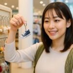 雑貨店の店頭で、スニーカー型のキーホルダーを手に取って見る日本人女性。明るく清潔感のある雰囲気で、さまざまなカラーのスニーカーキーホルダーが並んでいる。