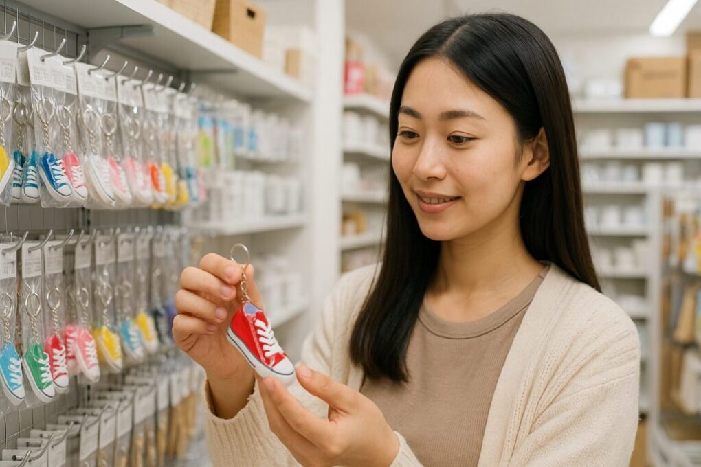 100円ショップのセリアでスニーカー型キーホルダーを手に取って見る日本人女性。明るく清潔感のある店内で、色とりどりのキーホルダーが整然と並んでいる。