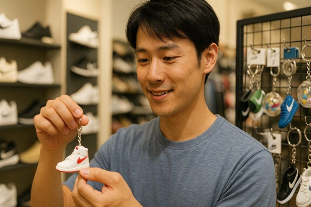 スポーツショップの店頭で、Nikeのスニーカー型キーホルダーを手に取って見る日本人男性。明るく清潔感のある店内にスニーカーやキーホルダーが自然に並んでいる。