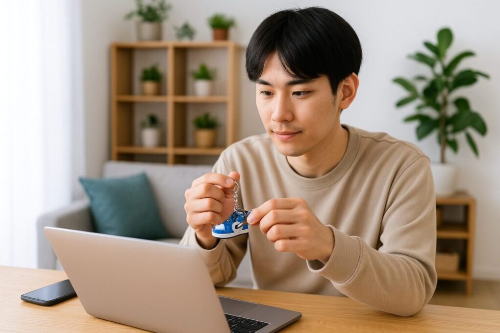 自宅でノートパソコンを使い、通販サイトでスニーカー型キーホルダーを見ている日本人男性。明るく清潔感のあるリビングで、自然光が差し込む穏やかな雰囲気。