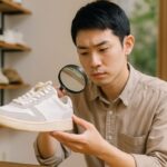 中古スニーカーの状態を拡大鏡で丁寧に確認する日本人男性。明るく清潔な店内で、ソールの減りや汚れをチェックしている様子。横長16:9の実写風景。