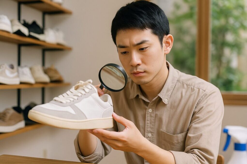 中古スニーカーの状態を拡大鏡で丁寧に確認する日本人男性。明るく清潔な店内で、ソールの減りや汚れをチェックしている様子。横長16:9の実写風景。