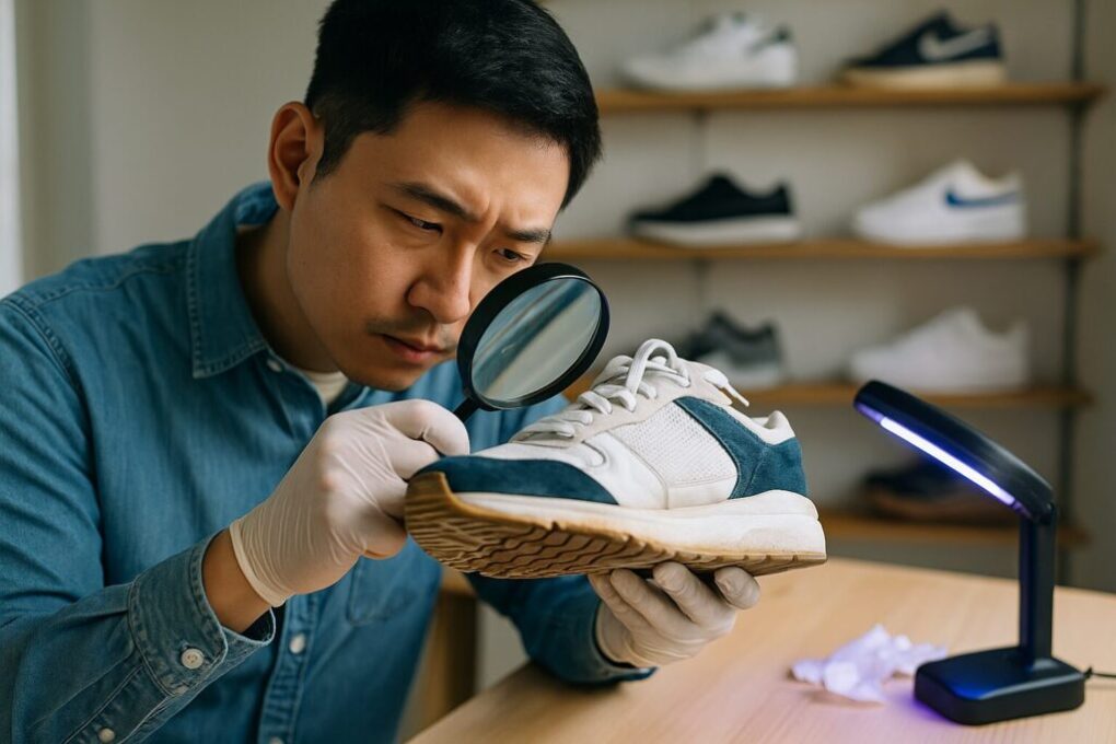 中古スニーカーのソール摩耗と黄ばみを拡大鏡で確認する日本人男性。明るく清潔な店内、棚に並ぶ靴、横長16:9で危険性を検査する場面。