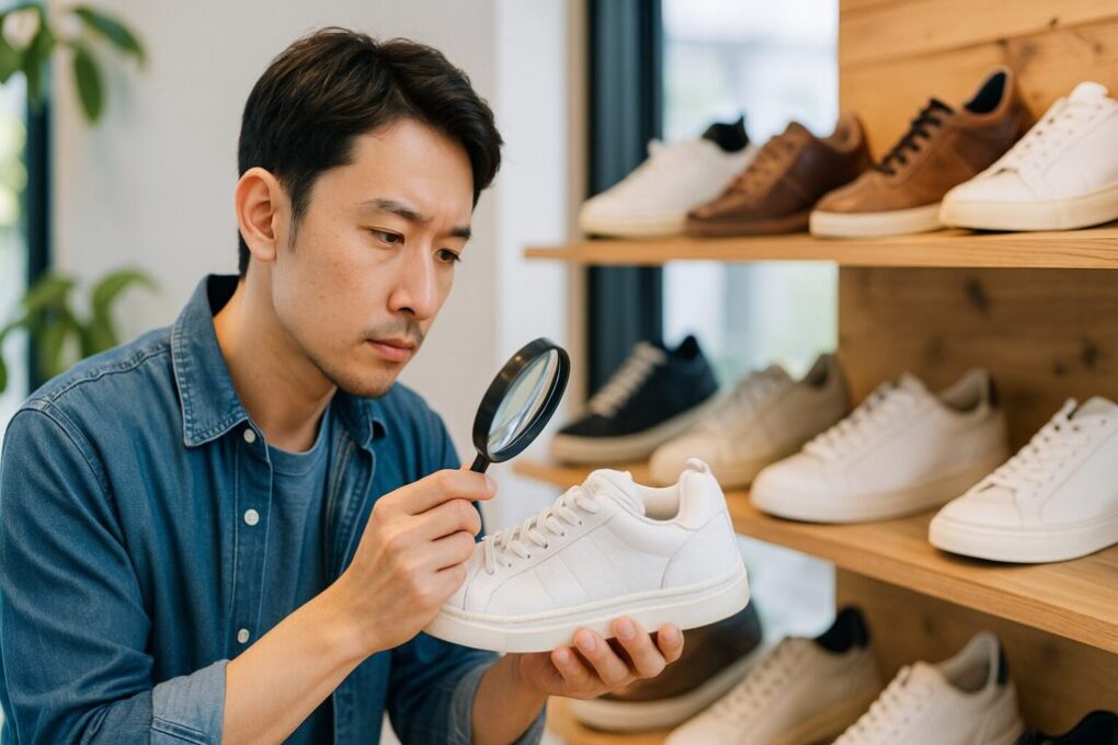 中古スニーカーショップの明るい店内で、日本人男性スタッフが白いスニーカーを手に取り、虫眼鏡で細部を検品している様子。棚には整然と並ぶ靴が見える横長16:9の構図。