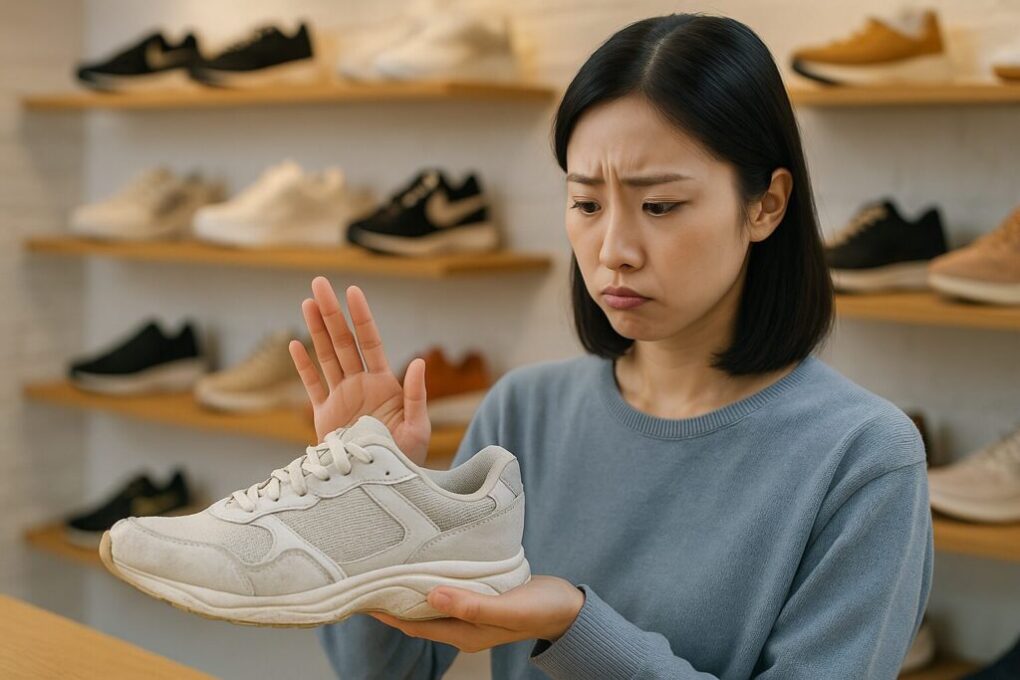 中古スニーカーの状態を慎重に確認する日本人女性。白いスニーカーを手に取り、ソールや汚れを見つめて判断している様子。明るく清潔感のある靴店の棚が背景に並ぶ横長16:9の構図。