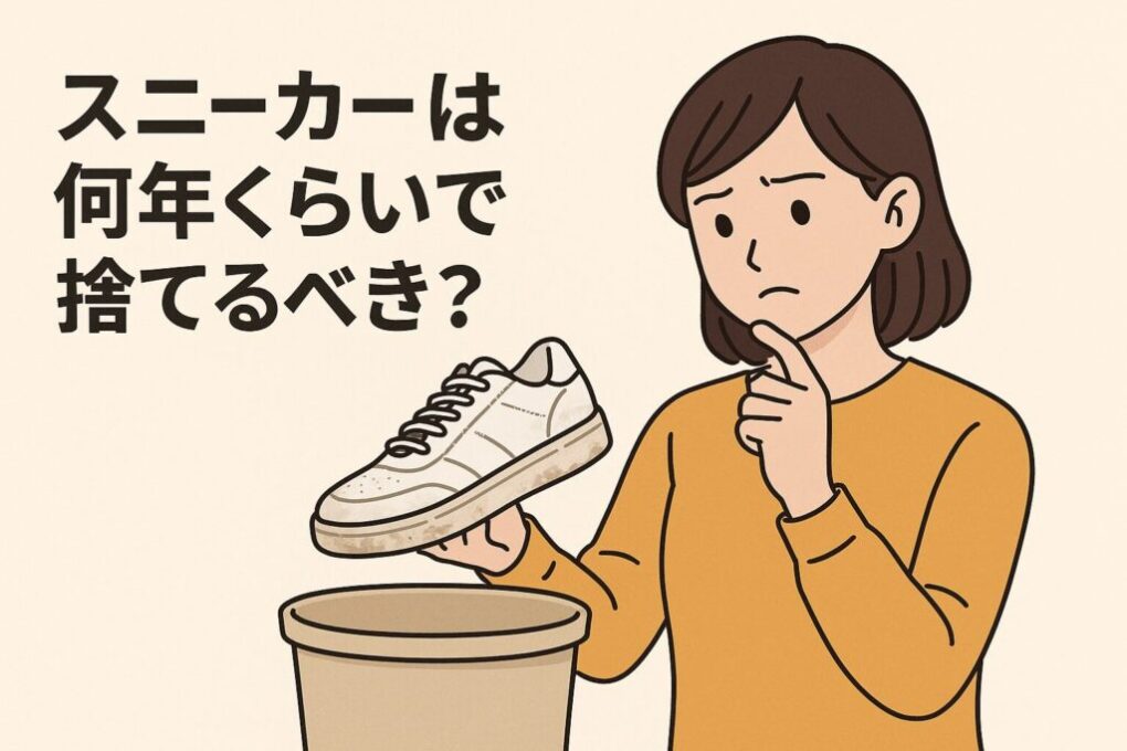 日本人女性が古くなったスニーカーを手に取り、ソールの汚れや劣化を見ながら捨てるかどうか悩んでいる様子。明るく清潔感のある室内で、靴箱が整理された横長16:9の構図。