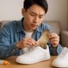 スニーカーの中敷きを手に取り、剥がれた布部分を確認している日本人男性。木目のテーブルの上に白いスニーカーと接着剤が置かれ、明るく清潔感のある自然な雰囲気で撮影された修理シーン。