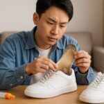 スニーカーの中敷きを手に取り、剥がれた布部分を確認している日本人男性。木目のテーブルの上に白いスニーカーと接着剤が置かれ、明るく清潔感のある自然な雰囲気で撮影された修理シーン。