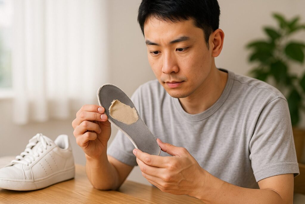 スニーカーの中敷きを手に取り、布が剥がれた部分を観察している日本人男性。明るい自然光の差す室内で、木目のテーブルと白いスニーカーが映る清潔感のある雰囲気の写真。