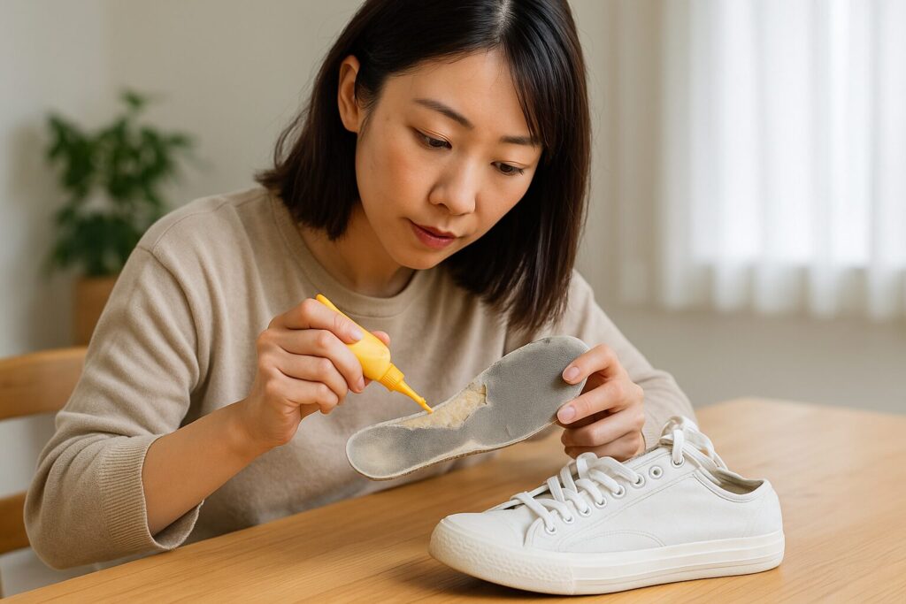日本人女性がスニーカーの中敷きを手に取り、布が剥がれた部分に接着剤を丁寧に塗って修理している様子。自然光が差し込む明るく清潔な室内で撮影された写真。