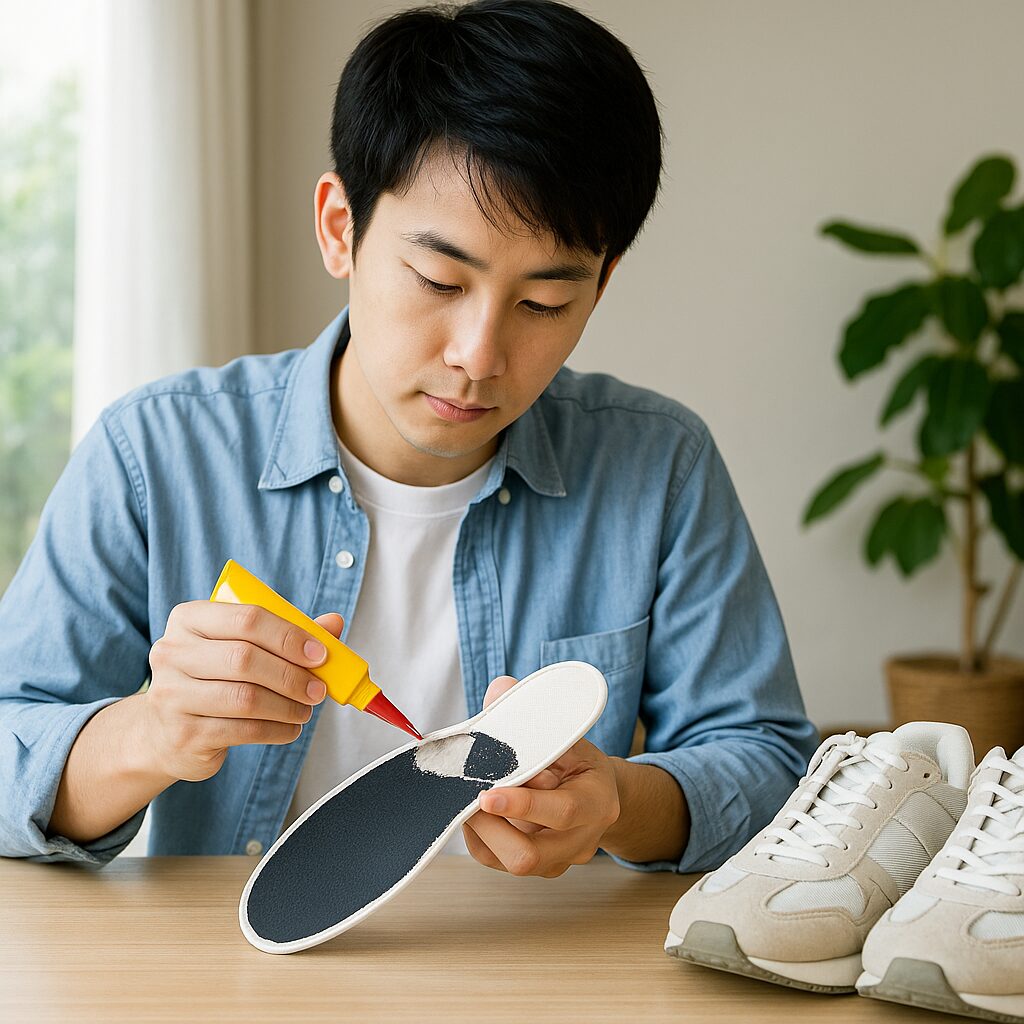 日本人男性がスニーカーのインソールを手に取り、剥がれた部分に接着剤を丁寧に塗って修理している様子。自然光の差す明るい室内で撮影された清潔感のある写真。